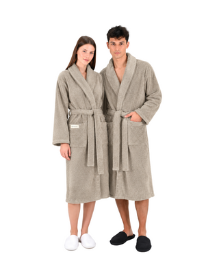 Sorena badstof badjas stone met sjaalkraag – unisex, 100% katoen