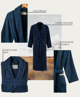 Sorena badstof badjas navy met sjaalkraag – unisex, 100% katoen – foto 3
