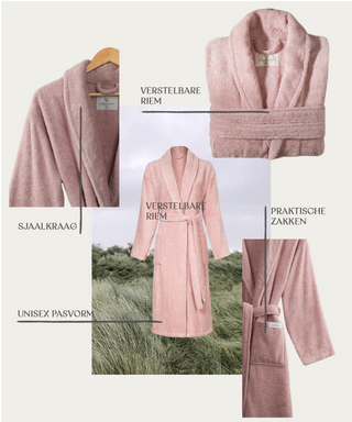 Sorena badstof badjas rose met sjaalkraag – unisex, 100% katoen – foto 3