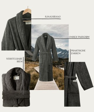 Sorena badstof badjas antraciet met sjaalkraag – unisex, 100% katoen – foto 3