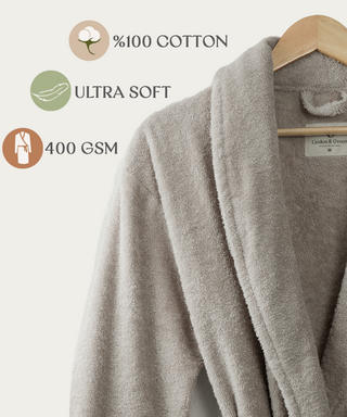 Sorena badstof badjas stone met sjaalkraag – unisex, 100% katoen – foto 5