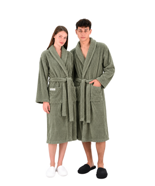 Sorena badstof badjas smoke groen met sjaalkraag – unisex, 100% katoen