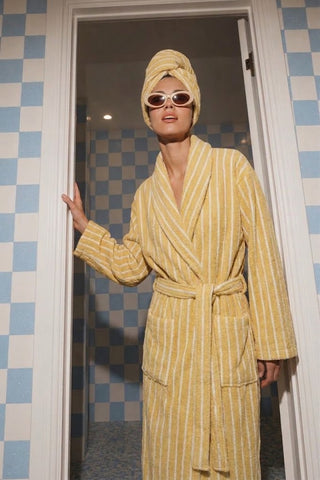 Riviera gestreepte badjas geel – unisex, 100% katoen – foto 3